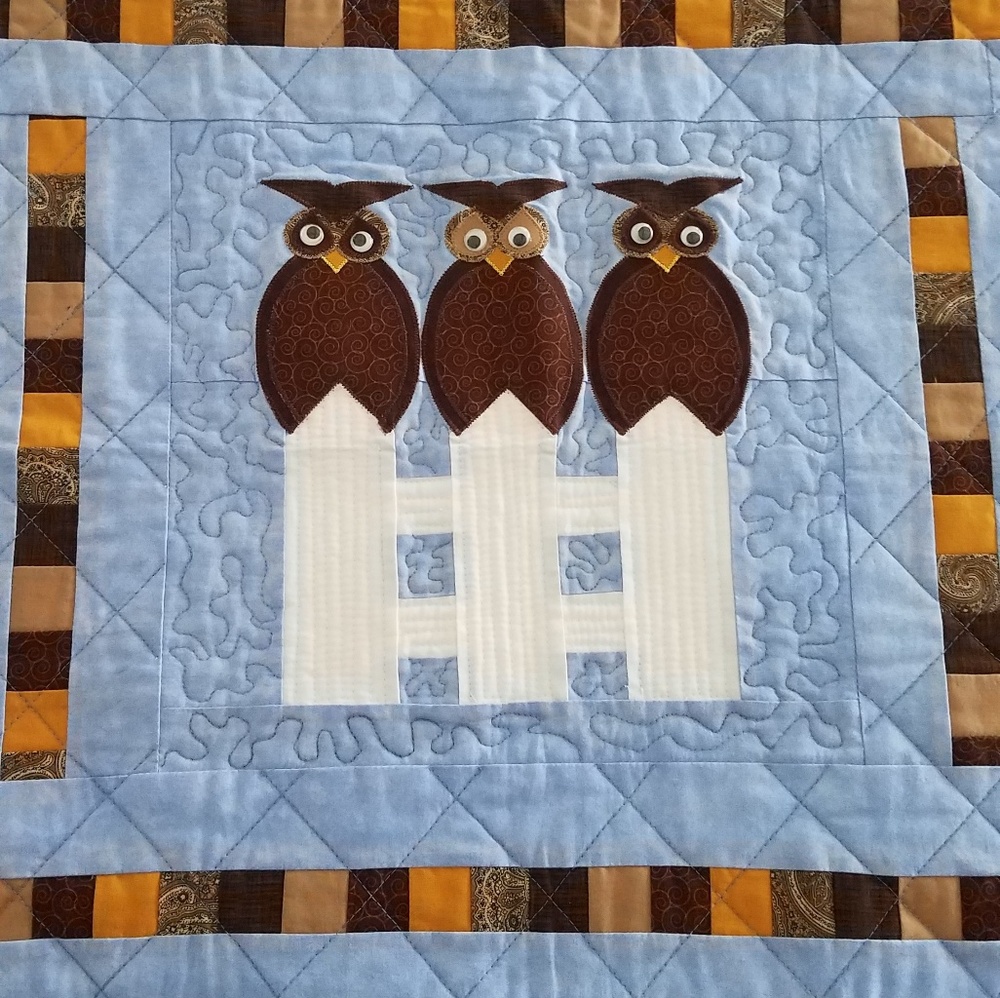 Owls on fence applique wall hanging